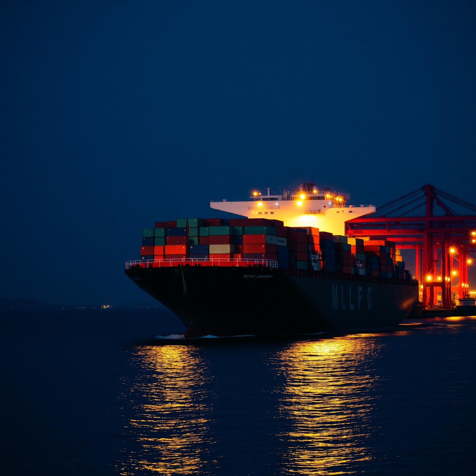 Cargo ship at port with containers illuminated at dusk